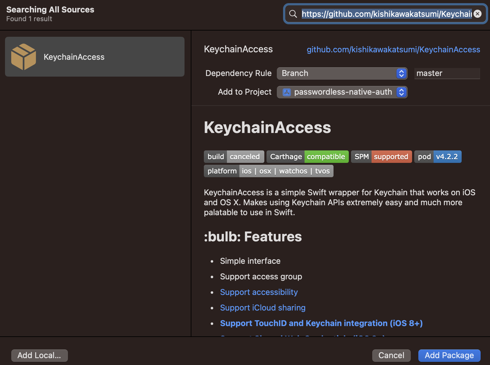 Add KeychainAccess Package