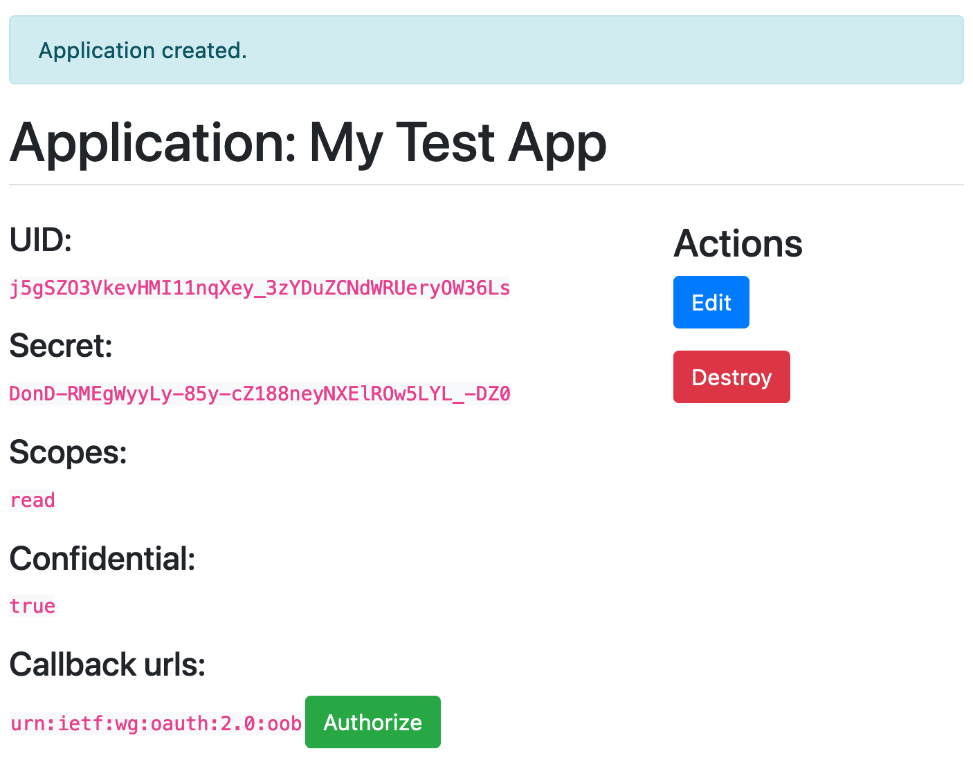 Created OAuth Application Form